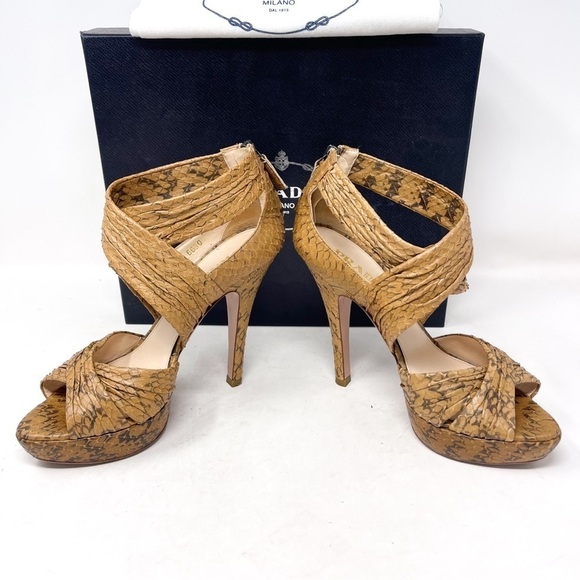 Prada Genuine Leather Tan Opaca Cammello Snake Skin Sandal High Heel Size 36.5 - Picture 5 of 9